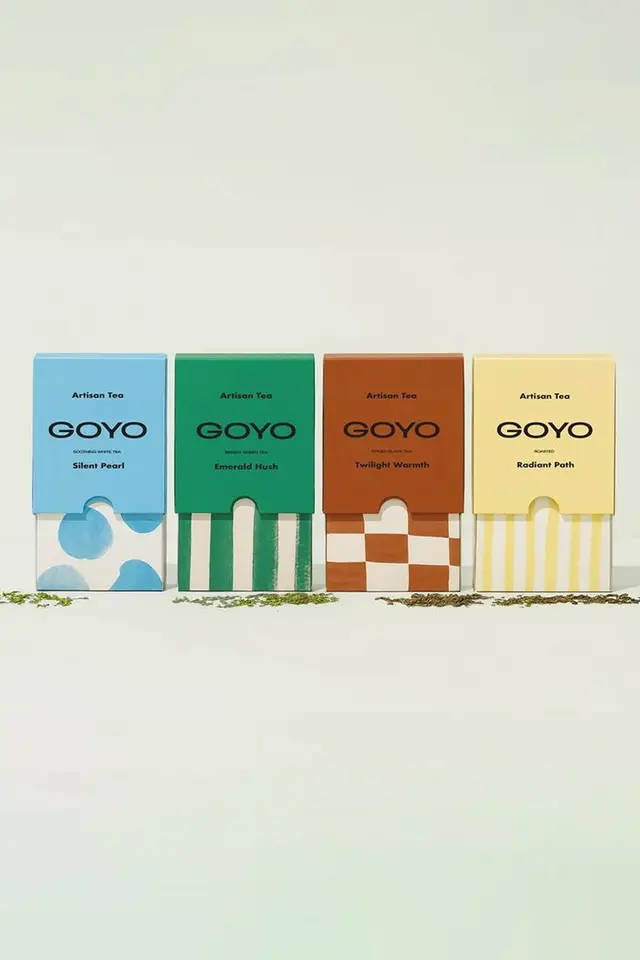 GOYO Artisan Tea packaging — Silent Pearl, Emerald Hush, Twilight Warmth, Radiant Path
