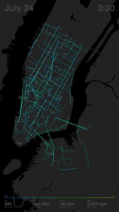 Dark-mode GPS route map of Manhattan with cyan route lines