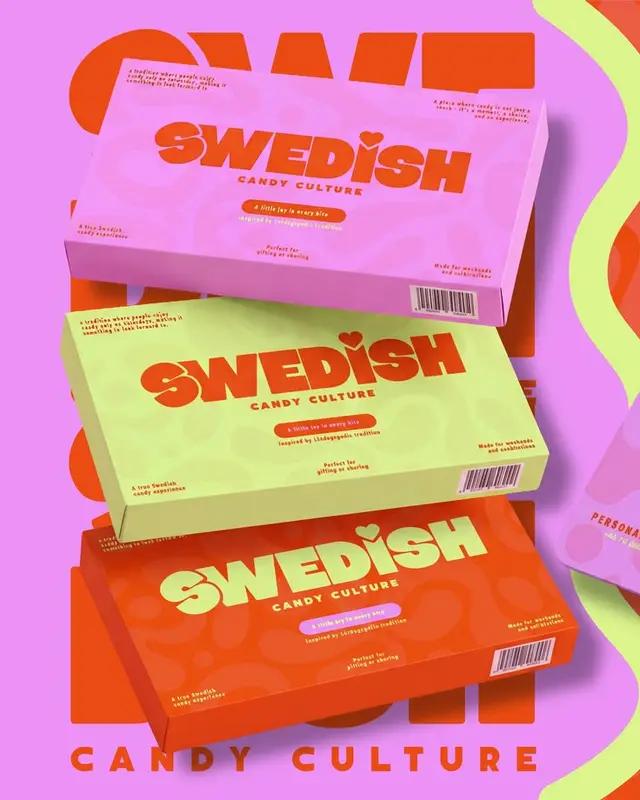 Stacked Swedish Candy Culture boxes — pink, lime, orange packaging