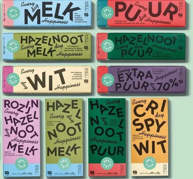 Colorful Dutch chocolate bar packaging grid — MELK, PUUR, HAZELNOOT, WIT, EXTRA PUUR 70%