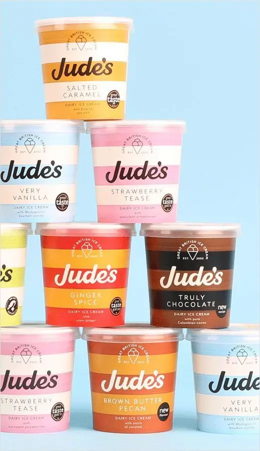 Jude's ice cream tubs — stacked pastel packaging showing multiple flavors
