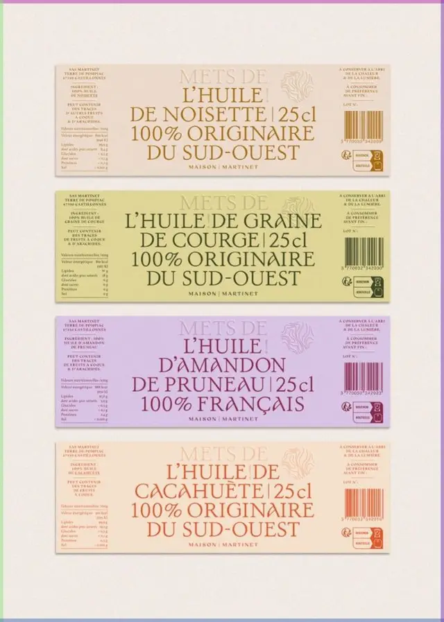 Stacked pastel French oil labels — Maison Martinet