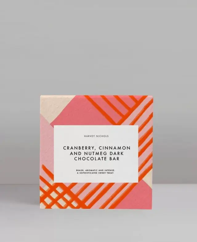 Harvey Nichols cranberry, cinnamon & nutmeg dark chocolate bar — pink geometric packaging