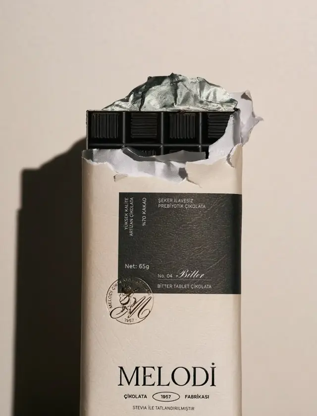 Melodi bitter chocolate bar with torn foil and paper sleeve