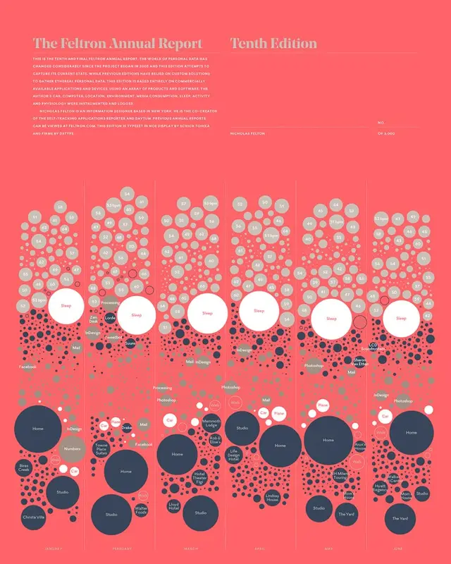 The Feltron Annual Report — Tenth Edition (coral bubble-chart poster)