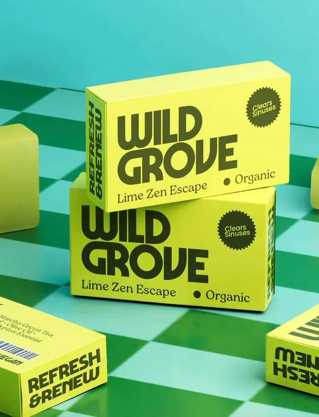 Wild Grove — Lime Zen Escape organic tea packaging (neon lime boxes)