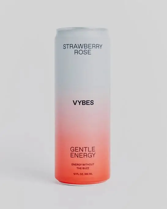 VYBES Strawberry Rose slim can — white-to-pink gradient beverage packaging