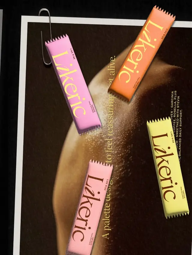 Likeric pastel snack bar packaging on editorial magazine spread
