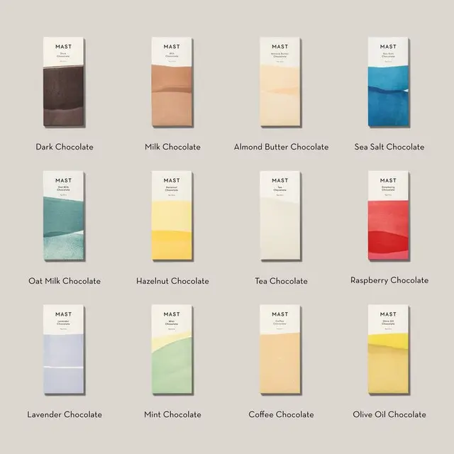 MAST chocolate bar packaging grid — 12 pastel flavor wrappers
