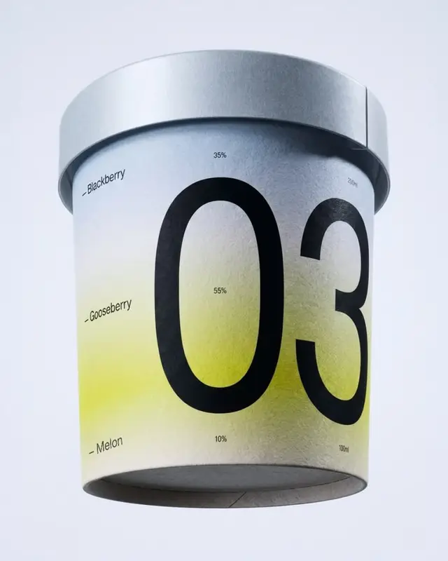 Minimalist cylindrical packaging with oversized '03' and flavor percentages