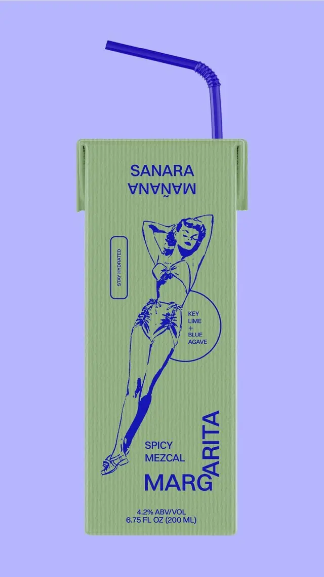 Sanara Spicy Mezcal Margarita single‑serve carton with retro pin‑up illustration