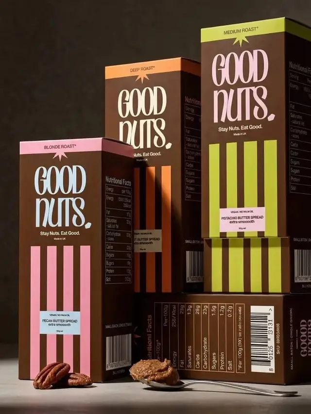 GOOD NUTS. striped carton packaging — Pecan, Pistachio, Blonde/Deep/Medium Roast nut but-