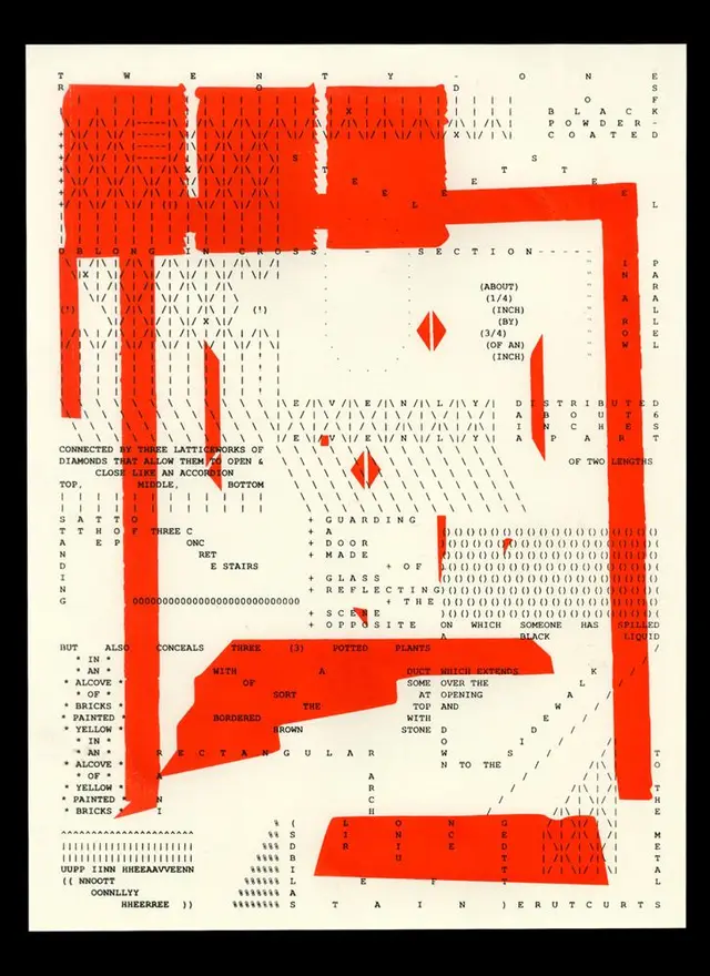 Red geometric diagram poster with typographic construction notes
