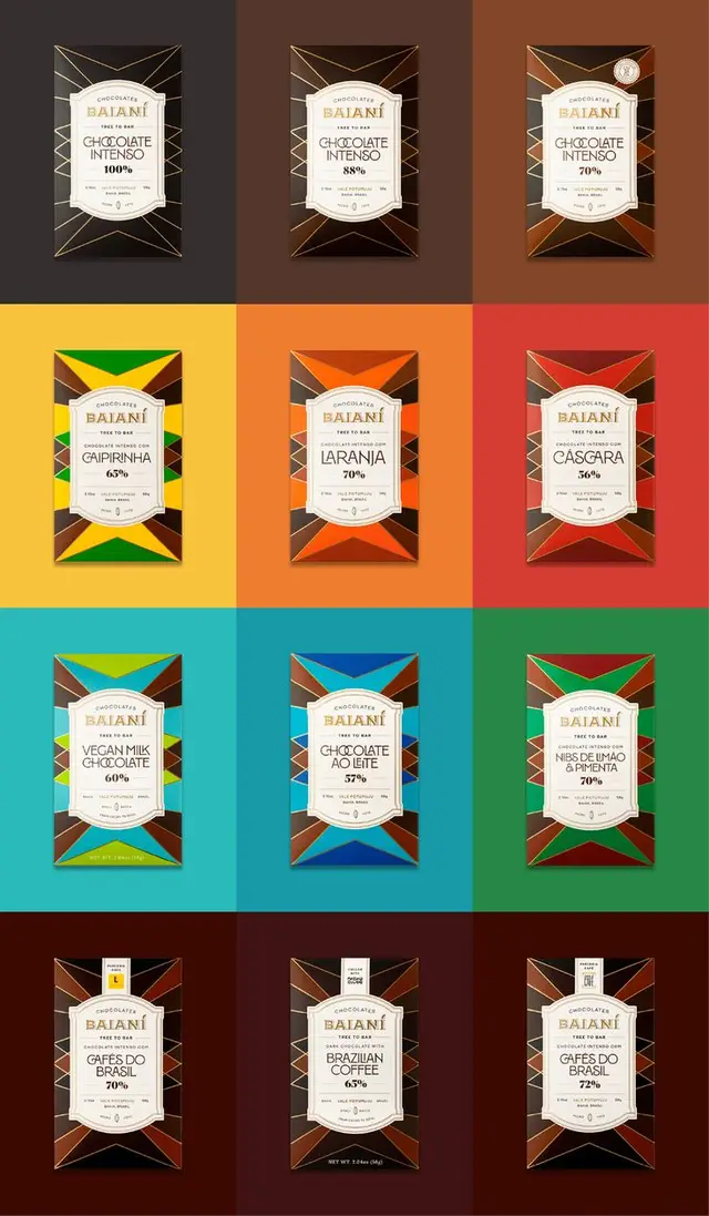 Grid of 12 Baiani chocolate bar wrapper designs