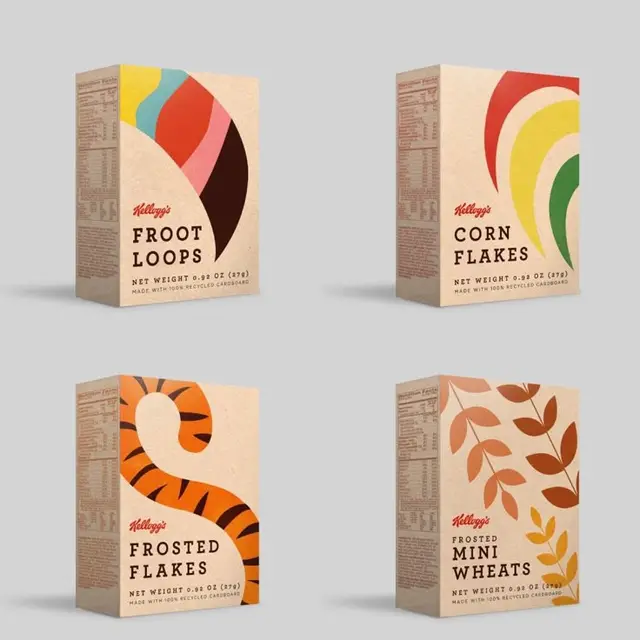 Kraft-style Kellogg's cereal packaging set — minimalist retro graphics