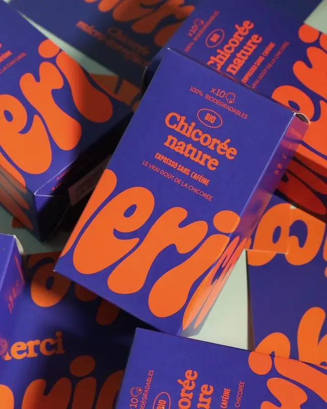 Purple + Orange 'Chicorée nature' biodegradable packaging with oversized script