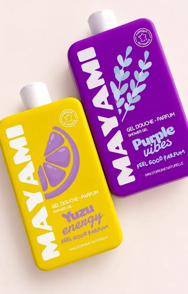 MAYAMI shower gel packaging — Purple Vibes & Yuzu Energy