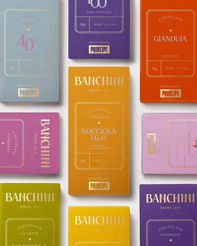 Banchini chocolate bar packaging — colorful Italian wrappers with gold foil
