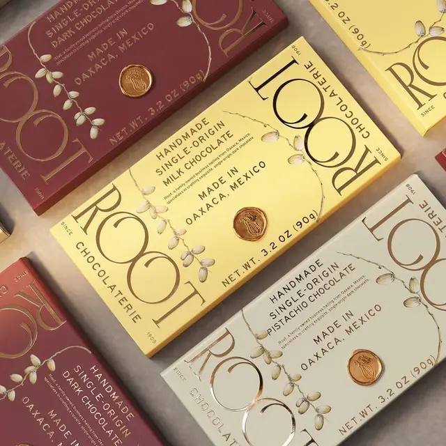 ROOT Chocolaterie single-origin chocolate bar packaging — Oaxaca, Mexico
