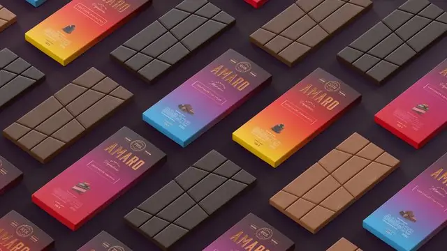 AMARO chocolate bar packaging — gradient wrappers and segmented chocolate tiles