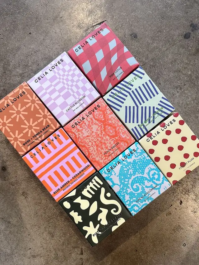 CELIA LOVES — grid of patterned retail boxes