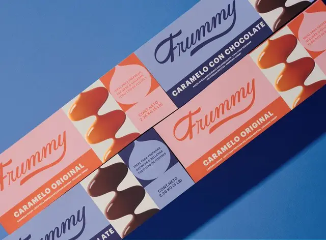 Frummy caramel candy packaging — pastel color-block boxes