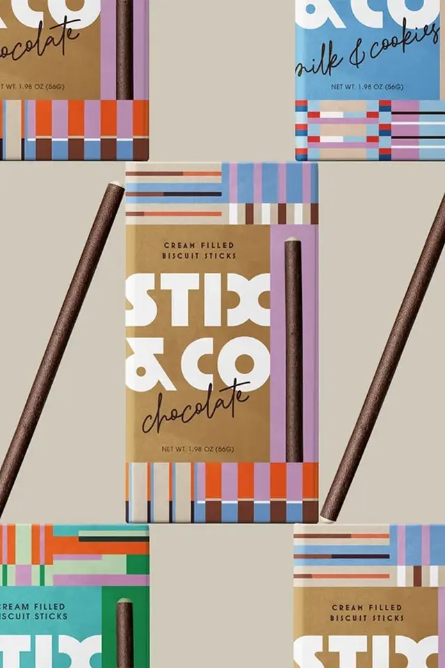 STIX & CO cream-filled biscuit sticks — colorful packaging pattern