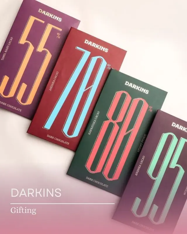 Darkins dark chocolate bars — bold percentage typography packaging