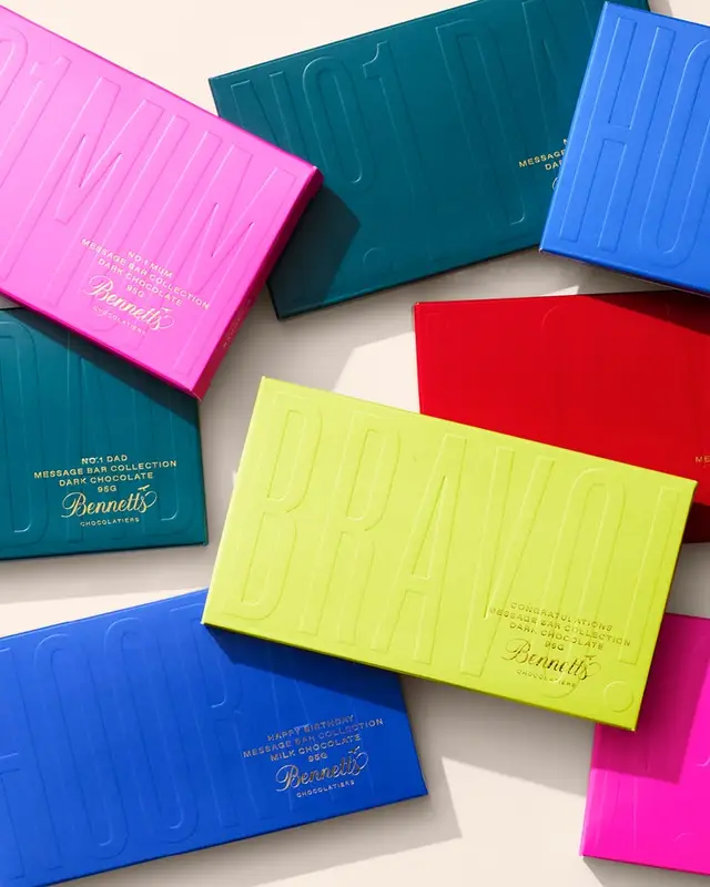 Bennetts Message Bar Collection — bright embossed chocolate gift boxes