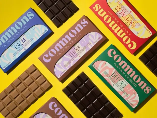 Commons functional chocolate bars flat-lay on yellow background