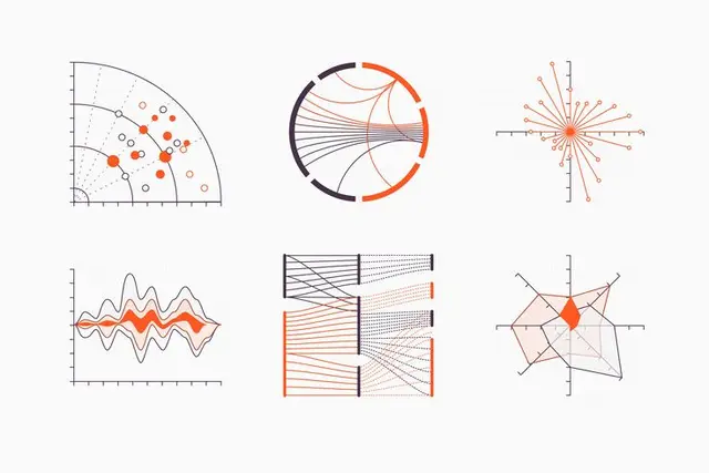 Set of six minimal data-visualization icon illustrations
