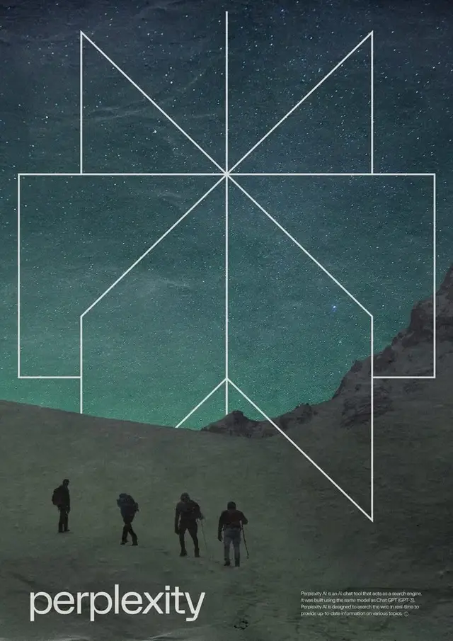 Perplexity poster — hikers under teal starry sky with white geometric overlay