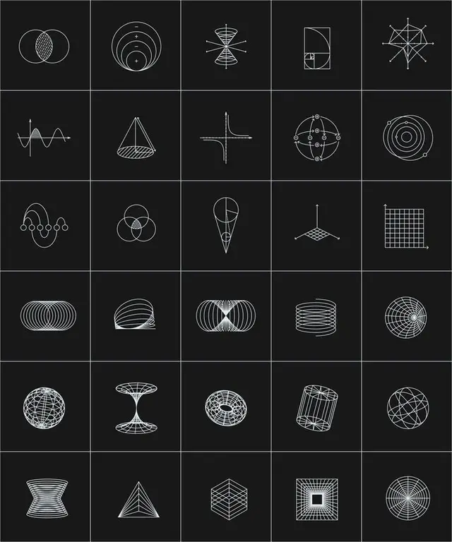 Monochrome 6x6 Grid of Wireframe Geometry Icons