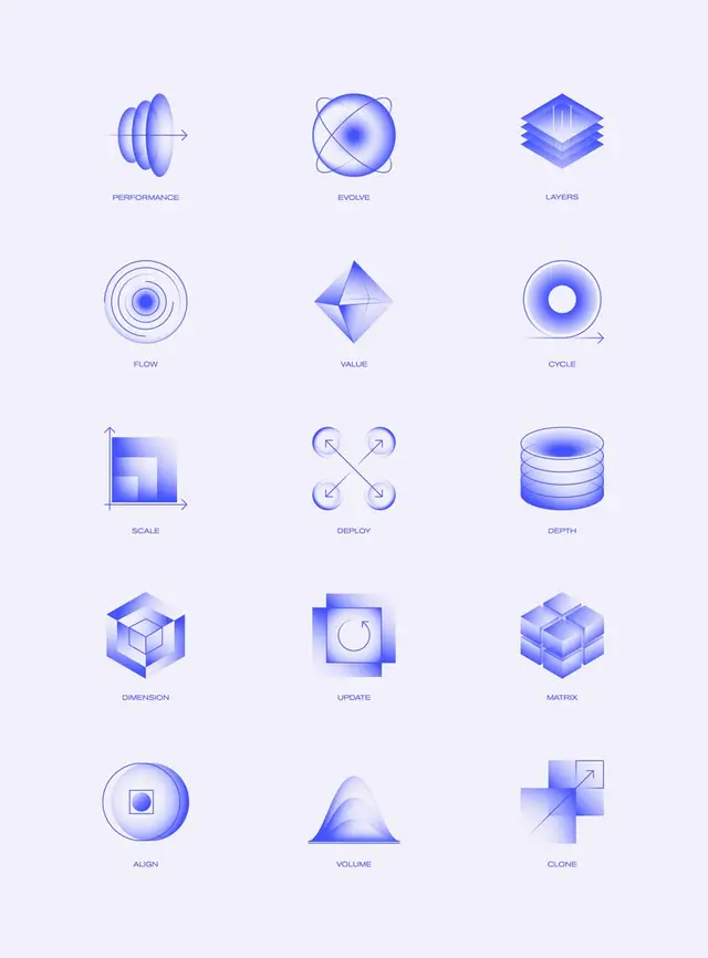 Violet-blue gradient UI icon set — 3x5 grid of 15 tech symbols