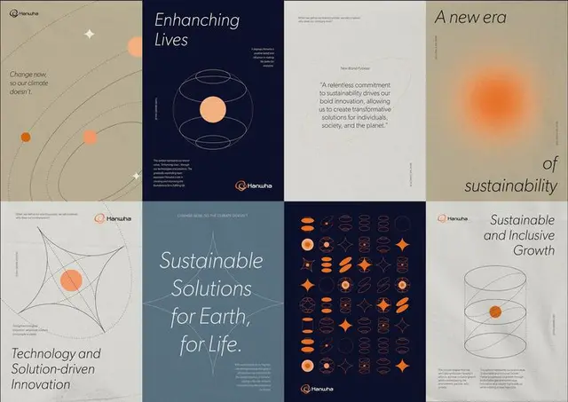 Hanwha sustainability poster system — eight-panel geometric campaign