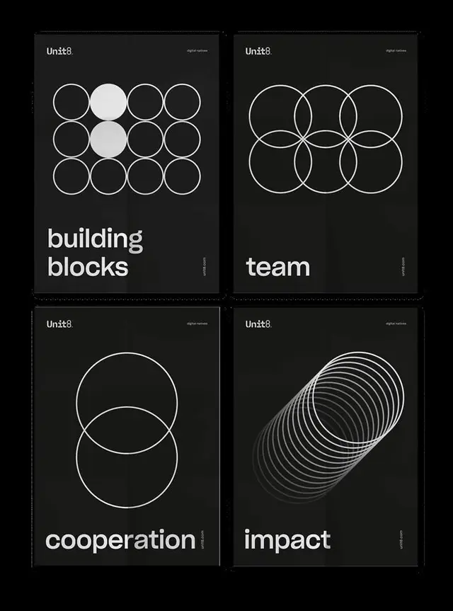 Unit8 poster series — minimalist black posters with white circle graphics