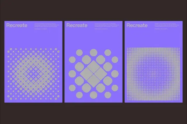 Triptych geometric posters titled "Recreate" — purple dot-grid optical designs