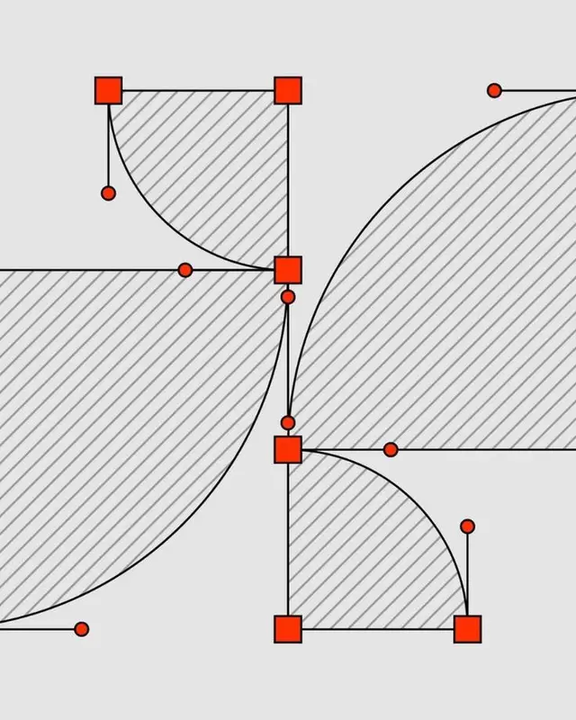Vector-editing diagram with red anchor nodes and hatched quarter-circles