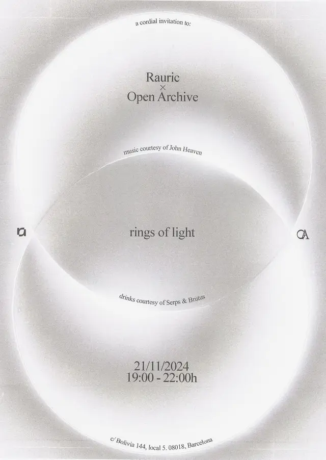 Rauric × Open Archive — "rings of light" event poster (21/11/2024, Barcelona)