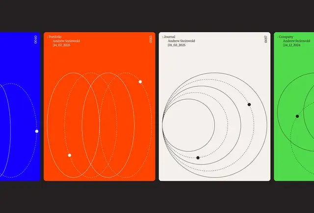 Color-block poster series with concentric orbital diagrams (Andrew Steinwold)