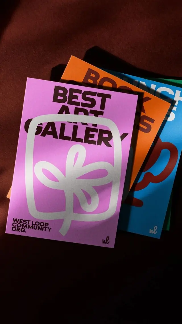 Stacked promotional posters — magenta 'BEST ART GALLERY' with white floral glyph