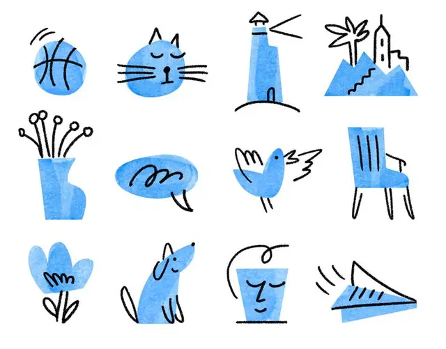 Blue watercolor doodle icon set — 12 hand-drawn sketches