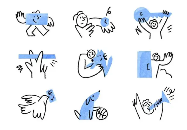 Hand-drawn 3x3 icon grid — blue watercolor wash with ink line sketches