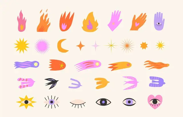 Pastel Celestial Sticker Sheet — Hands, Flames, Stars, Comets, Eyes