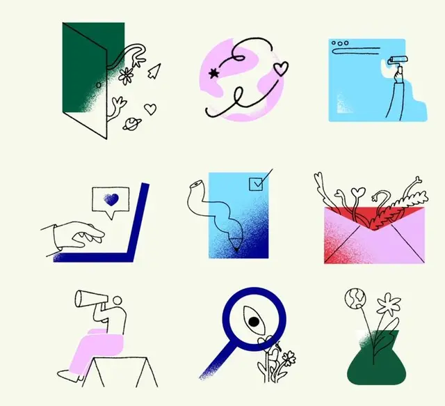 Playful 3x3 Line-Art Icon Grid — Mail, Search, Discovery, Plants