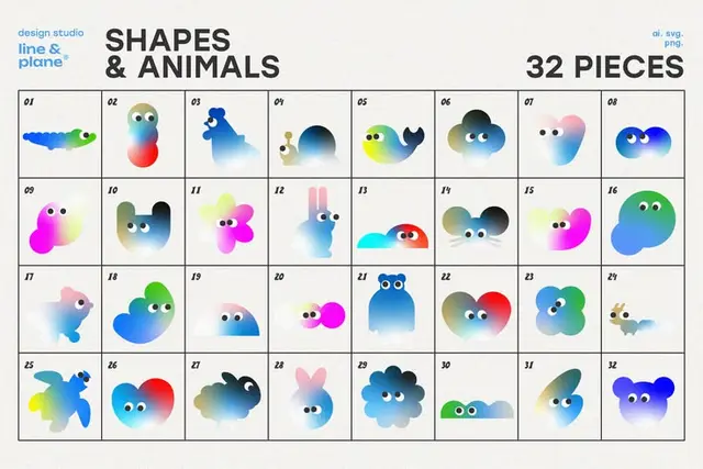 Shapes & Animals — 32-piece gradient blob character set