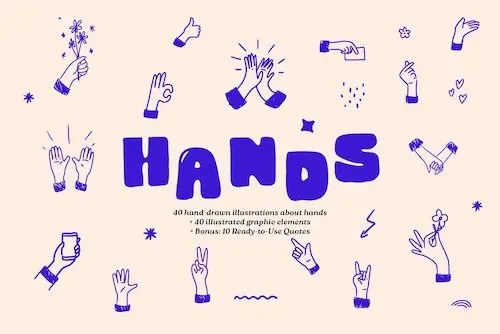 Bold 'HANDS' Poster with Blue Hand-Drawn Gesture Illustrations