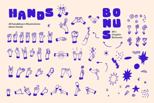 40 Hand-Drawn Hands Illustrations + 40x Bonus Graphic Elements — Purple Line Art on Pale-P