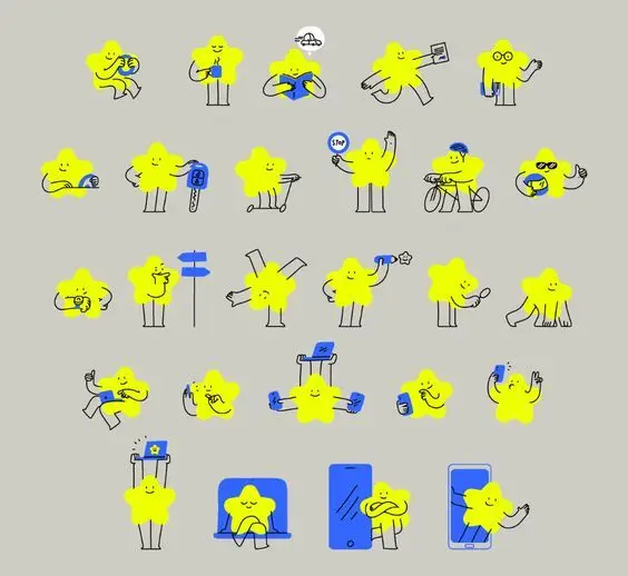 Sticker sheet of yellow star character icons showing everyday activities