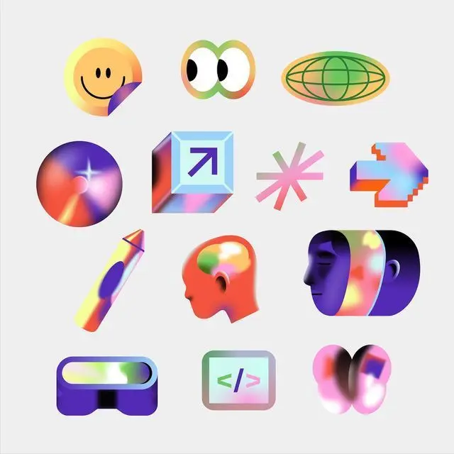 Iridescent gradient icon set — playful UI stickers on pale gray